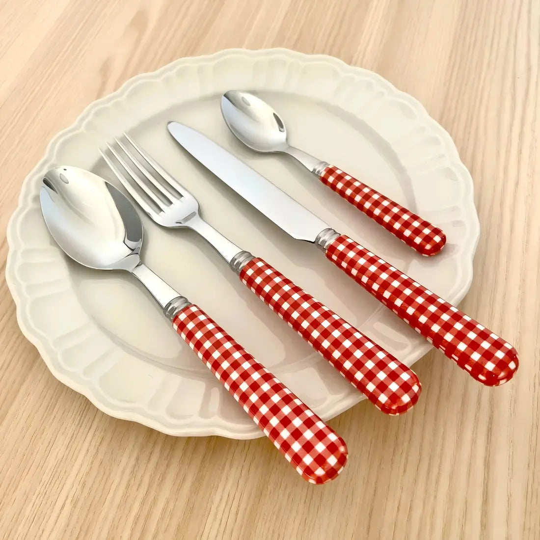 Glossy Red Checkered Flatware